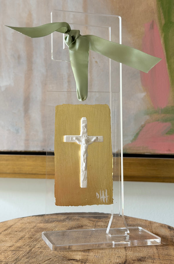 Ornament- Crucifix White on Gold Leaf