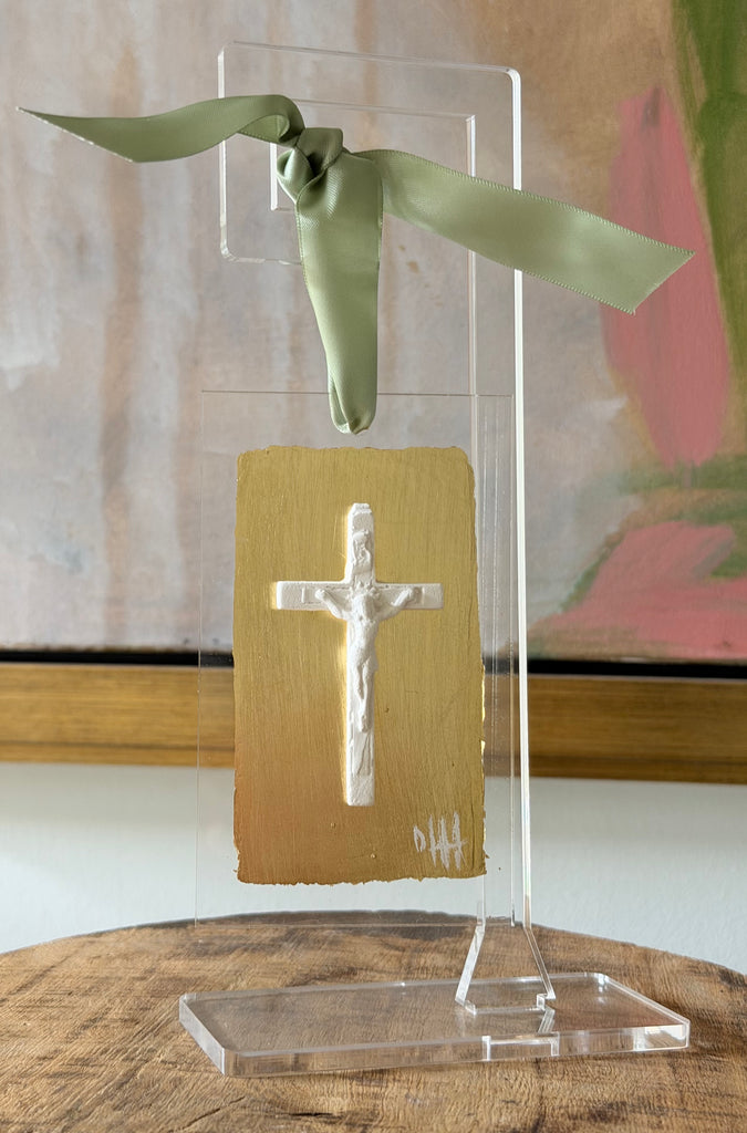 Ornament- Crucifix White on Gold Leaf