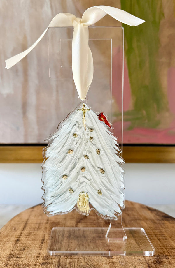 White Christmas Tree with Cardinal Ornament